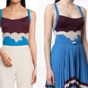 Valentino Garavani Burgundy, Blue with Italian Lace Bodysuit. NWT. Size XS